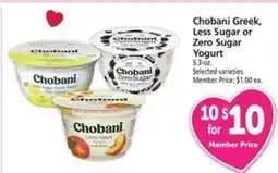 Safeway Chobani Greek, Less Sugar or Zero Sugar Yogurt offer