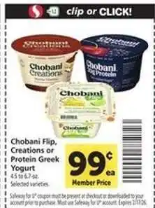 Safeway Chobani Flip, Creations or Protein Greek Yogurt offer