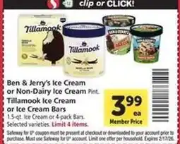 Safeway Ben & Jerry's Ice Cream or Non-Dairy Ice Cream Pint, Tillamook Ice Cream or Ice Cream Bars offer