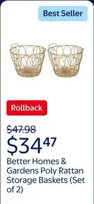Walmart Better Homes & Gardens Extra Large Brown Poly Rattan Storage Baskets with Handles, Set of 2 offer