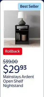 Walmart Mainstays Ardent Open Shelf Nightstand, Black offer