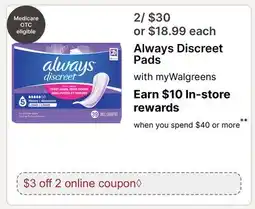 Walgreens Always Discreet Pads offer