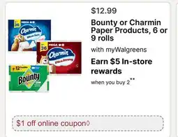 Walgreens Bounty or Charmin Paper Products, 6 or 9 rolls offer