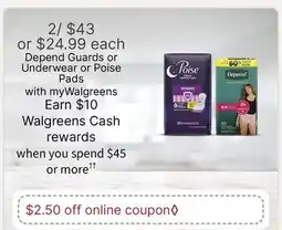 Walgreens Depend Guards or Underwear or Poise Pads offer