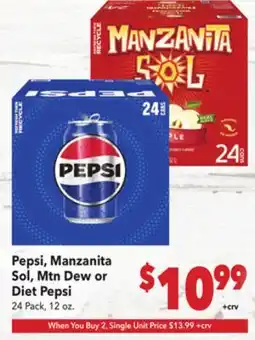 Vallarta Supermarkets Pepsi, Manzanita Sol, Mtn Dew or Diet Pepsi offer