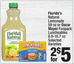 Super King Markets Florida's Natural Lemonade 59 oz or Oscar Mayer Funpack Luncheables 8.9-10.7 oz offer
