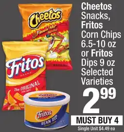 Super King Markets Cheetos Snacks, Fritos Corn Chips 6.5-10 oz or Fritos Dips 9 oz offer