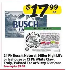 Winn Dixie 24 Pk Busch, Natural, Miller High Life or Icehouse or 12 Pk White Claw, Truly, Twisted Tea or Vizzy offer