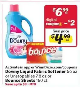 Winn Dixie Downy Liquid Fabric Softener or Bounce Sheets offer