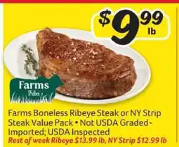 Winn Dixie Farms Boneless Ribeye Steak or NY Strip Steak Value Pack offer