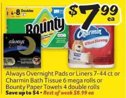 Winn Dixie Always Overnight Pads or Liners, Charmin Bath Tissue, Bounty Paper Towels offer