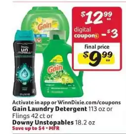 Winn Dixie Gain Laundry Detergent or Downy Unstopables offer