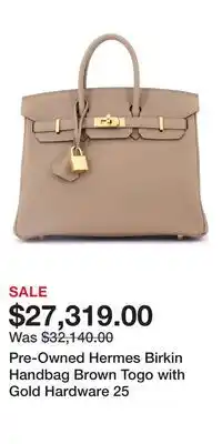 Nordstrom Pre-Owned Hermes Birkin Handbag Brown Togo with Gold Hardware 25 offer