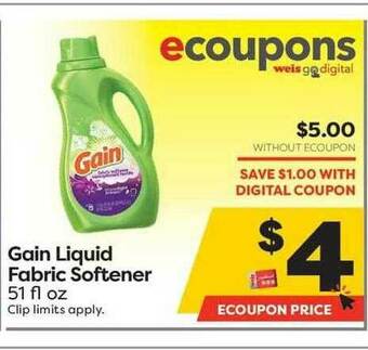 Weis Markets Gain Liquid Fabric Softener offer