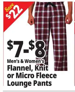 Ocean State Job Lot Men's & Women's Flannel, Knit or Micro Fleece Lounge Pants offer