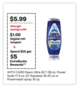 CVS Dawn Ultra 32.7-38 oz, Power Suds 17.4 oz, EZ-Squeeze 18-22 oz or Powerwash spray 16 oz offer