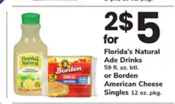 ACME Florida's Natural Ade Drinks 59 fl. oz. btl. or Borden American Cheese Singles 12 oz. pkg offer