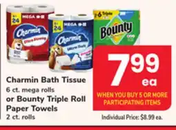 ACME Charmin Bath Tissue 6 ct. mega rolls or Bounty Triple Roll Paper Towels 2 ct. rolls offer