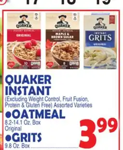 Bravo Supermarkets QUAKER INSTANT OATMEAL 8.2-14.1 Oz. GRITS 9.8 Oz. Box offer