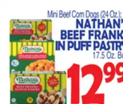 Bravo Supermarkets NATHAN'S BEEF FRANKS IN PUFF PASTRY 17.5 Oz. Box offer