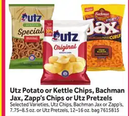 Stop&Shop Utz Potato or Kettle Chips, Bachman Jax, Zapp's Chips or Utz Pretzels offer