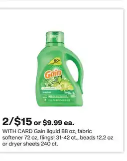 CVS Gain liquid 88 oz, fabric softener 72 oz, flings! 31-42 ct., beads 12.2 oz or dryer sheets 240 ct offer