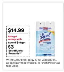 CVS Lysol spray 19 oz, wipes 80 ct., air sanitizer 10 oz twin pks. or Finish PowerBall tabs 28 ct offer