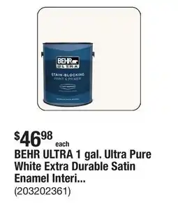 The Home Depot BEHR ULTRA 1 gal. Ultra Pure White Extra Durable Satin Enamel Interior Paint & Primer offer
