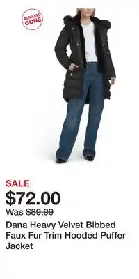 TJ Maxx Dana Heavy Velvet Bibbed Faux Fur Trim Hooded Puffer Jacket offer