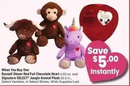 Albertsons Russell stover red foil chocolate heart and signature select jungle animal plush offer