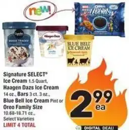 Albertsons Signature select Ice Cream 1.5 Quart, Haagen Dazs Ice Cream,Bell Ice Cream Pint or Oreo Family Size offer
