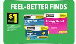 Dollar General DG health Allergy Relief or Ibuprofen Tablets 24 ct. or Chewable Aspirin Tablets 36 ct offer