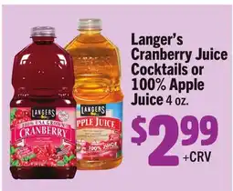 Vallarta Supermarkets Langer's Cranberry Juice Cocktails or 100% Apple Juice offer