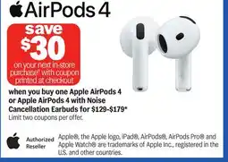 Meijer Apple AirPods 4 or Apple AirPods 4 with Noise Cancellation Earbuds offer