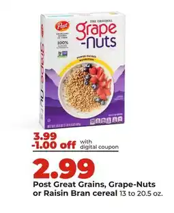 Hy-Vee Post Great Grains, Grape-Nuts or Raisin Bran cereal offer