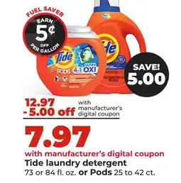 Hy-Vee Tide laundry detergent 73 or 84 fl. oz. or Pods 25 to 42 ct offer