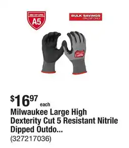 The Home Depot Milwaukee Large High Dexterity Cut 5 Resistant Nitrile Dipped Outdoor & Work Gloves offer