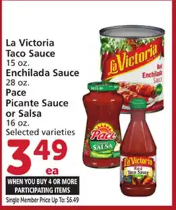 Vons La Victoria Taco Sauce 15 oz. Enchilada Sauce 28 oz. Pace Picante Sauce or Salsa 16 oz offer