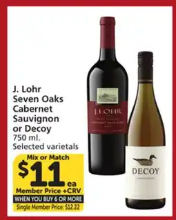 Vons J. Lohr Seven Oaks Cabernet Sauvignon or Decoy offer