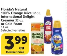 Albertsons Florida's Natural 100% Orange Juice 52 oz. International Delight Creamer 32 oz. or Cold Foam 14 oz offer