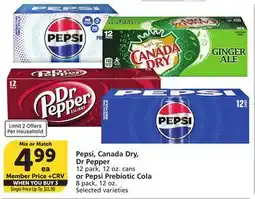 Albertsons Pepsi, Canada Dry, Dr Pepper 12 pack, 12 oz. cans or Pepsi Prebiotic Cola 8 pack, 12 oz offer