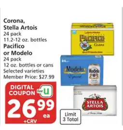 Albertsons Corona, Stella Artois 24 pack 11.2-12 oz. bottles Pacifico or Modelo 24 pack 12 oz. bottles or cans offer