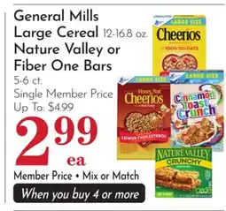 Pavilions General Mills Large Cereal 12-16.8 oz. Nature Valley or Fiber One Bars 5-6 ct offer