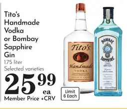 Pavilions Tito's Handmade Vodka or Bombay Sapphire Gin offer