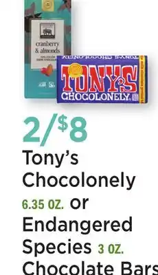 Heinen's Tony's Chocolonely 6.35 OZ. or Endangered Species 3 OZ. Chocolate Bars offer