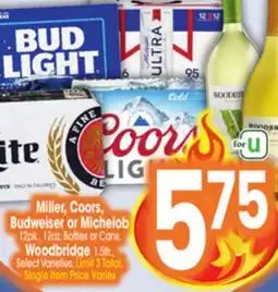 Jewel-Osco Miller, Coors, Budweiser or Michelob 12pk., 12oz. Bottles or Cans, Woodbridge 1.5ltr offer