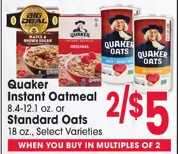 Jewel-Osco Quaker Instant Oatmeal 8.4-12.1 oz. or Standard Oats 18 oz offer