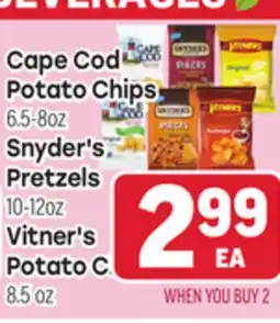 Tony’s Fresh Market Cape Cod Potato Chips 6.5-8oz Snyder's Pretzels 10-12oz Vitner's Potato C. 8.5 oz offer