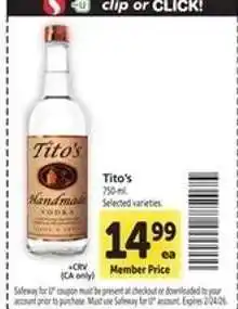 Safeway Tito's Handmade Vodka offer
