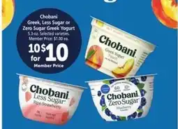 Safeway Chobani Greek, Less Sugar or Zero Sugar Greek Yogurt offer